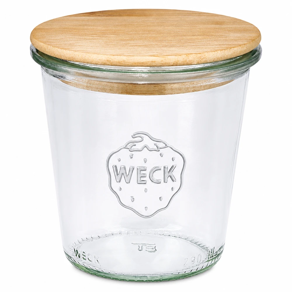 290 ml høje Briller WECK RR80 med trælåg WECK tumblekrukke 290 ml høj RR80 med trælåg Konservesglas Glaskrukke med skruelåg af træ