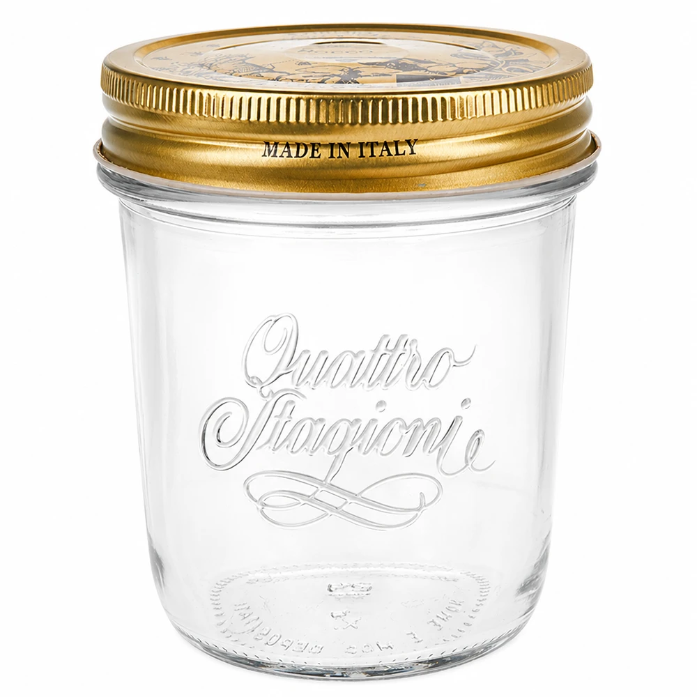 320 ml Quattro Stagioni Briller med låg 320 ml Quattro Stagioni-glas med gyldent låg Made in Italy Konservesglas til marmelade og konserves
