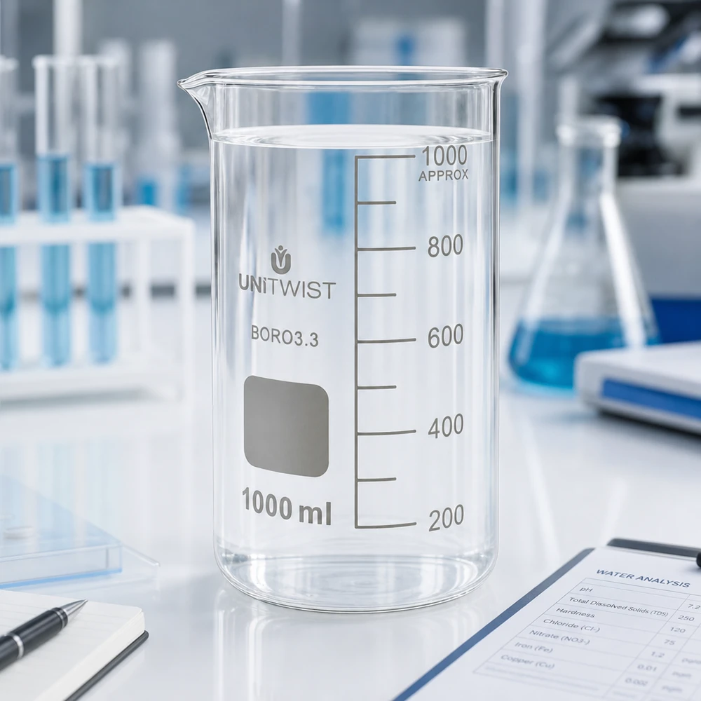 UNITWIST bæger, 1000 ml, høj model, borosilikatglas 3.3, med klart vand i et professionelt laboratorium