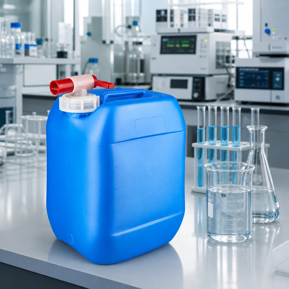 10-liters dunk, blå med rød hane, på laboratoriebordet ved siden af et bægerglas og en Erlenmeyer-kolbe