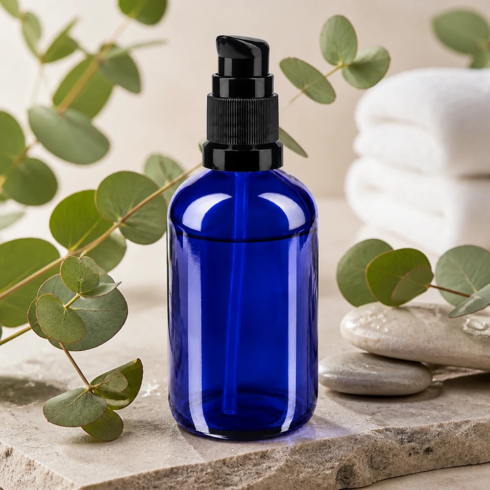 Blå 100 ml apotekerflaske af glas med sort pumpehoved mellem eukalyptusgrene og spa-sten