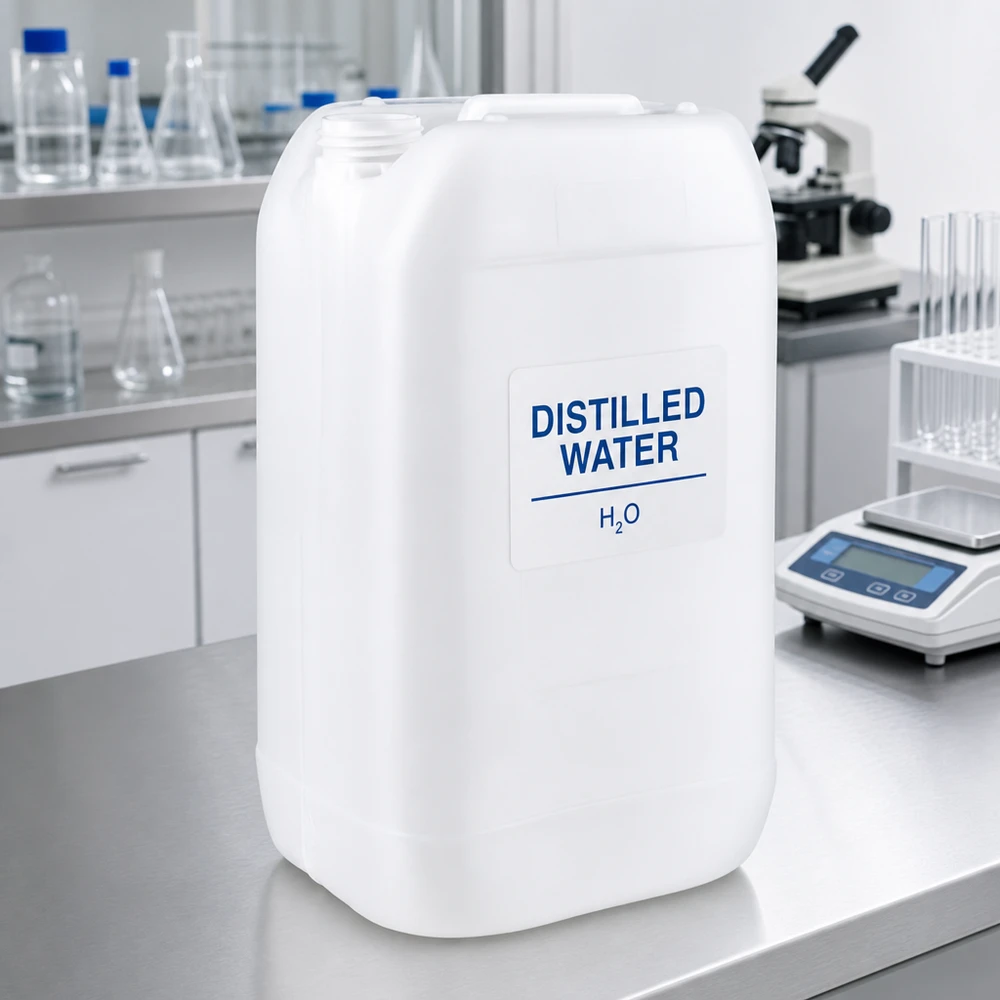 Rektangulær 15-liters dunk uden låg med påskriften »Destilleret vand« i laboratoriet