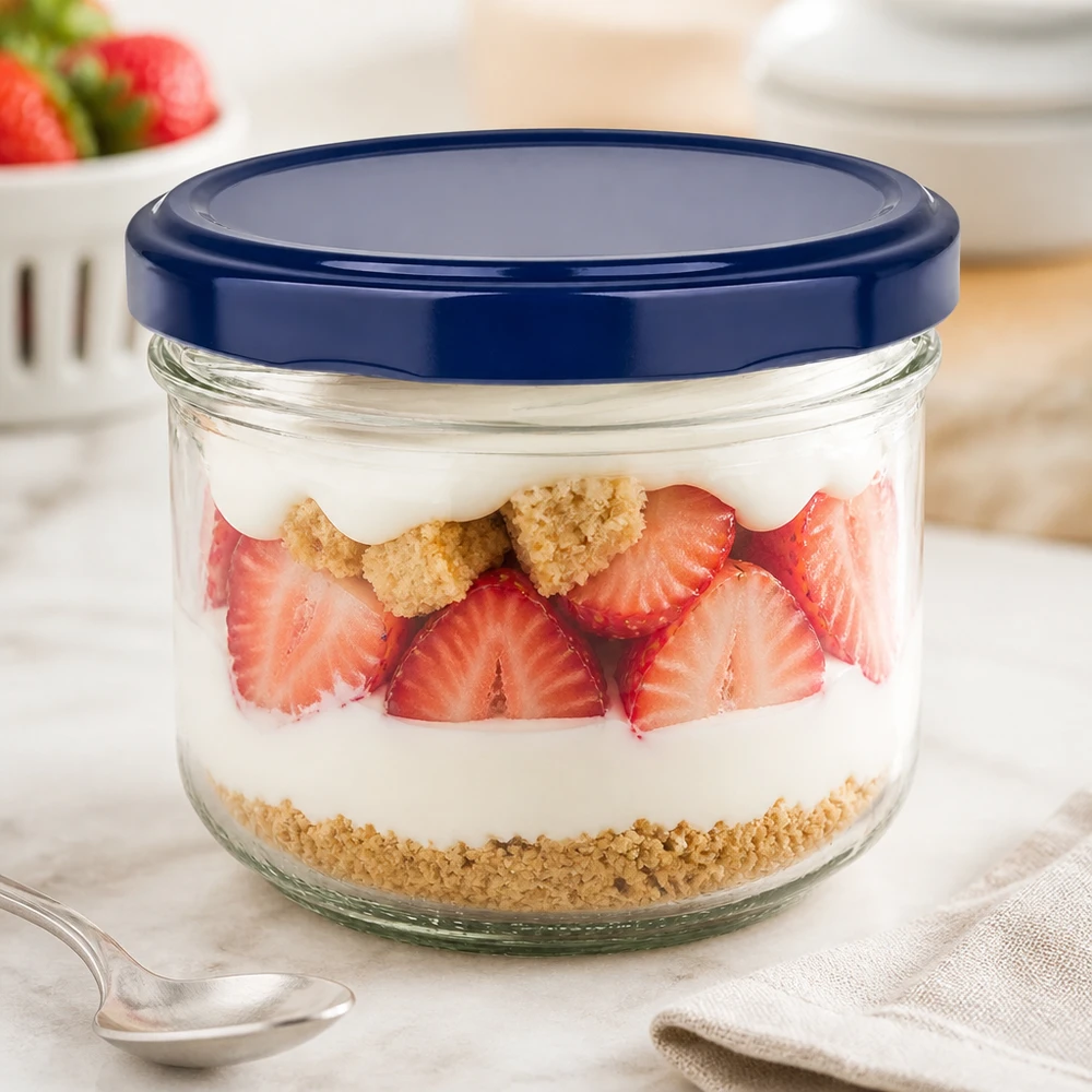 260 ml Briller + BasicSeal-låg blå UNiTWIST 260 ml BasicSeal blå bægre med jordbærdessertlag - twist-off-glas til desserter og yoghurt