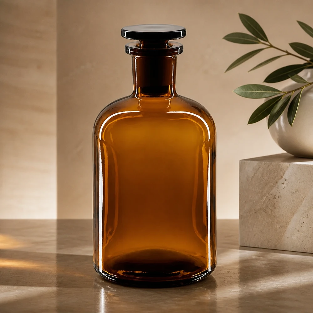 Rund skulderflaske 250 ml brun glasprop med smal hals Brun glasflaske, 250 ml, med rund skulder, smal hals og glasprop, UV-beskyttet, lysbeskyttet