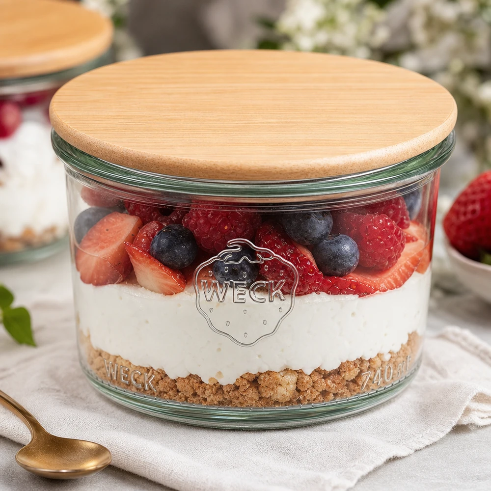 200 ml Briller WECK RR80 med trælåg WECK bægre 200 ml RR80 trælåg fyldt med lagdelt dessert bær yoghurt kiks bund dessert styling