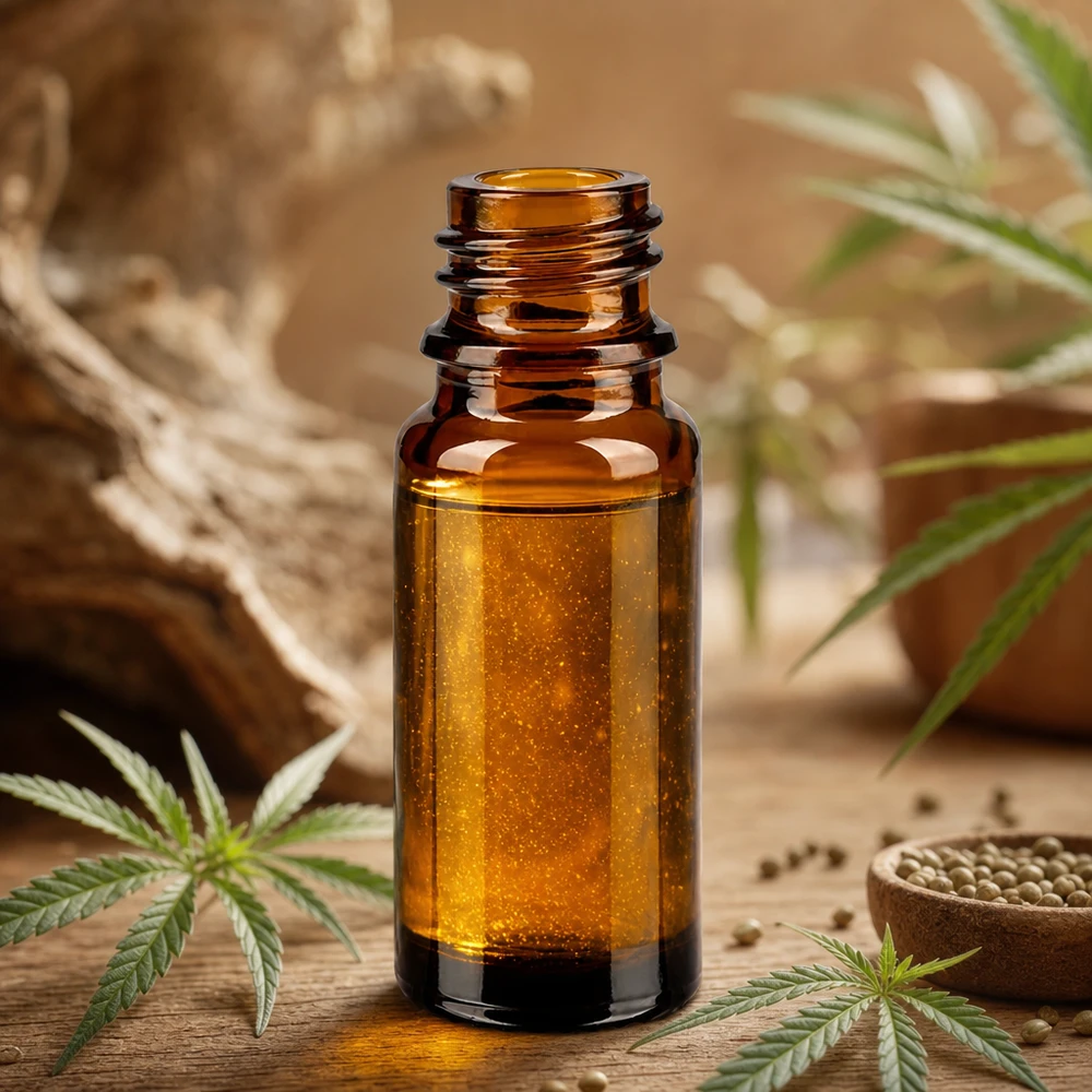 Dropperflaske 10 ml DIN 18 lavet af ravfarvet glas 10 ml brun apotekerflaske ApoGlas med cannabisekstrakt og hampfrø på en rustik træbaggrund