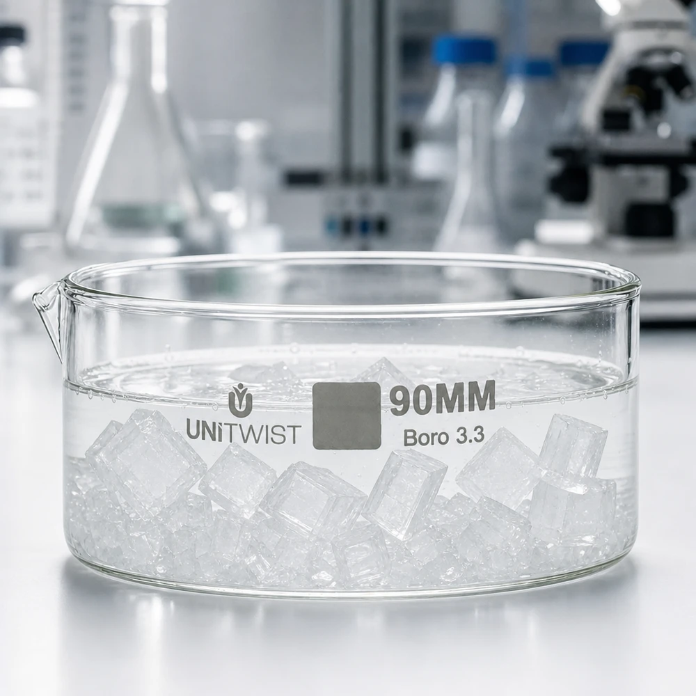 Flad glasskål, 90 mm, med isterninger til laboratoriebrug, borosilikatglas, UNiTWIST Boro 3.3