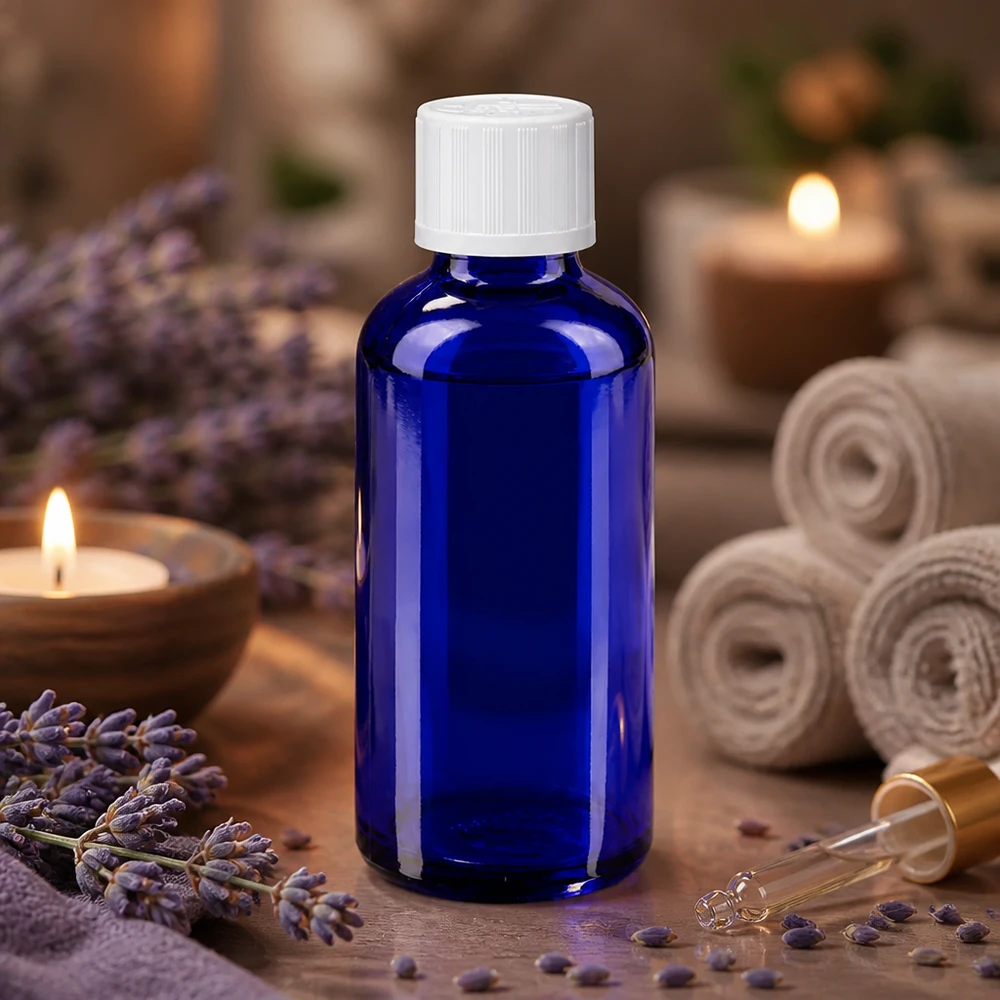 Apoteksflaske blå 50 ml skruelåg hvid KiSi St Blå glasflaske på 50 ml med hvid børnesikret prop mellem lavendelblomster og stearinlys