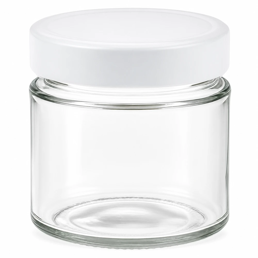 135 ml rund krukke + BasicSeal-låg hvid dyb UNiTWIST 135 ml rund krukke med hvidt BasicSeal-låg gennemsigtig tom glaskrukke opbevaring kosmetik mad