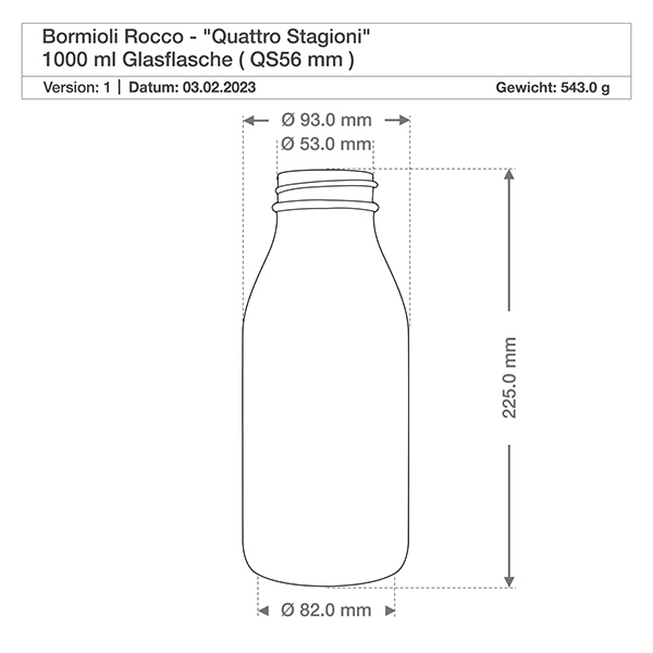 1000 ml glasflaske "Quattro Stagioni" med låg Teknisk tegning Quattro Stagioni 1000ml glasflaske med dimensioner, diameter 82mm, højde 225mm, vægt 543g