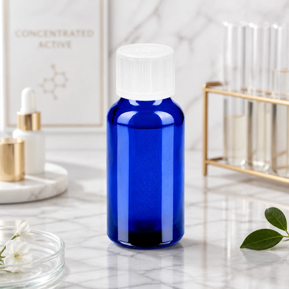 20 ml BlueLine-glasflaske med børnesikret skruelåg, ideel til apoteker og laboratorier