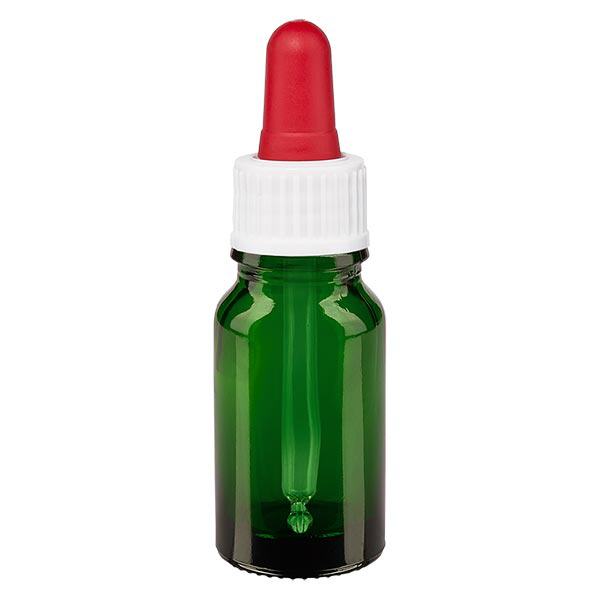 Apoteksflaske grøn 10 ml pipette hvid/rød stk. Apoteksflaske grøn 10 ml pipette hvid/rød stk.
