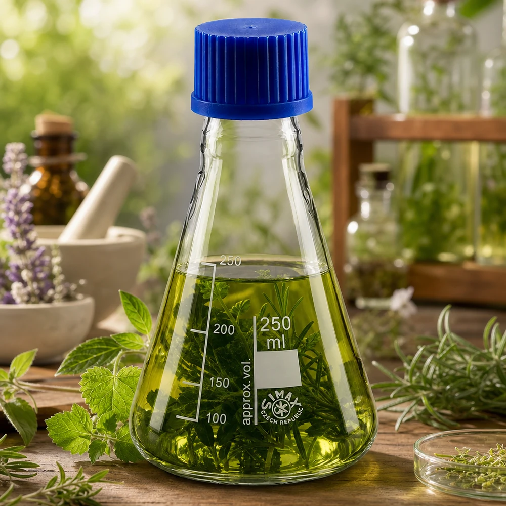 Erlenmeyer-kolbe 250 ml med skruelåg Erlenmeyer-kolbe 250 ml med målemarkeringer og blå hætte til nøjagtig volumenbestemmelse