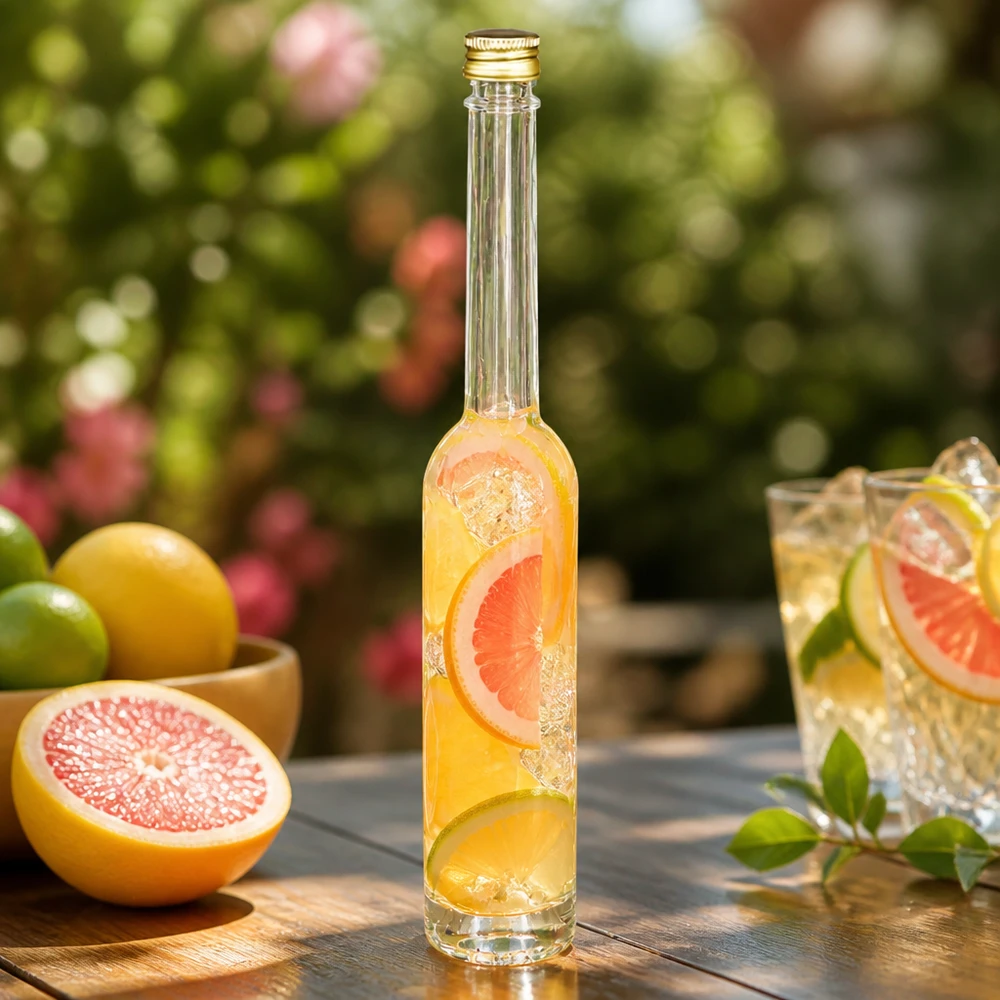 100 ml glasflaske »Toni« og skruelåg sølv UNiTWIST® 100 ml glasflaske Toni med grapefrugtdrik - UNiTWIST guldhætte i en sommerlig havestemning med citrusfrugter