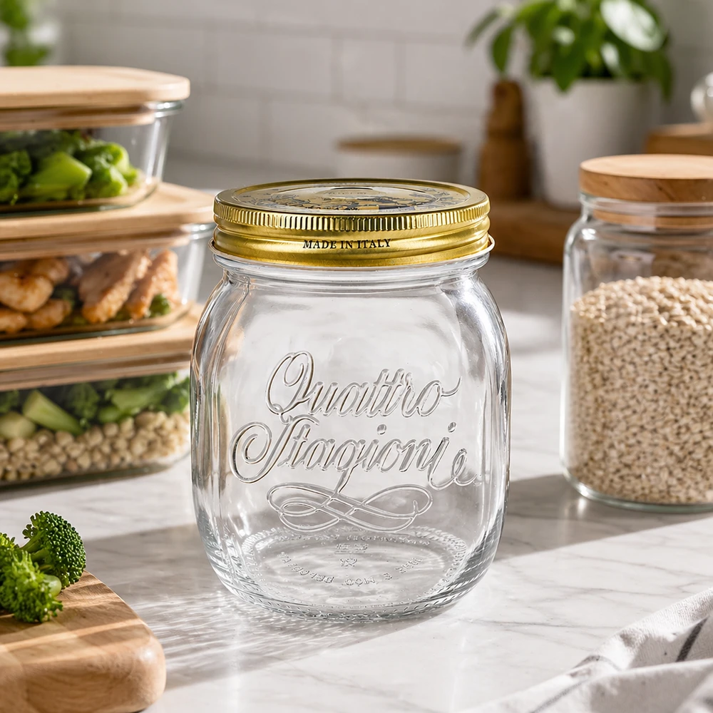 700 ml rundt glas "Quattro Stagioni" med låg Quattro Stagioni 700 ml rund krukke tom i moderne køkken med måltidsbeholdere og opbevaringskrukker Køkkenorganisation