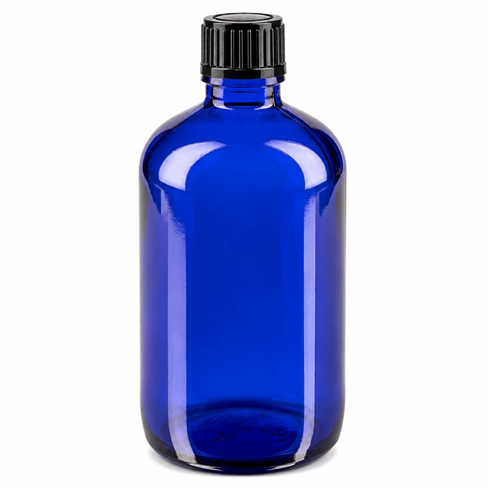 100 ml blå apotekerflaske af glas med sort skruelåg, 11 mm