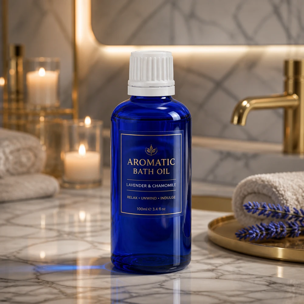 Blå glasflaske på 50 ml med hvid dråbeindsats på 0,7 mm til badeolier og wellness-produkter