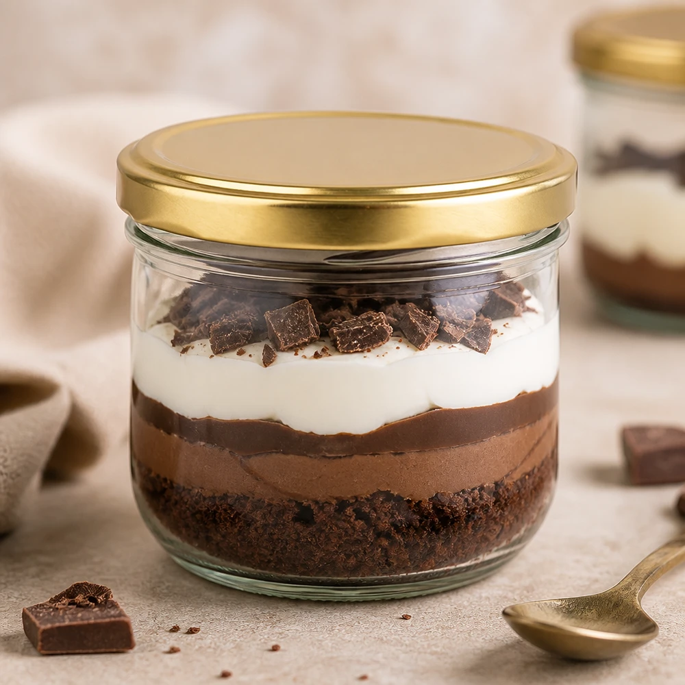 260 ml Briller med BasicSeal-låg guld UNiTWIST 260 ml BasicSeal guld UNiTWIST-bægre fyldt med chokoladedessert viser, at de er velegnede til søde desserter