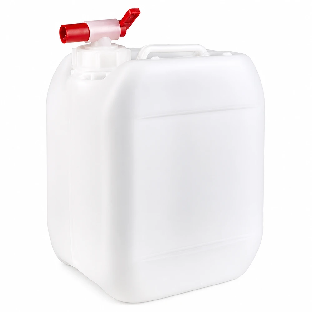 Hvid 5-liters plastdunk med rødt udløbshan lavet af HDPE-plast