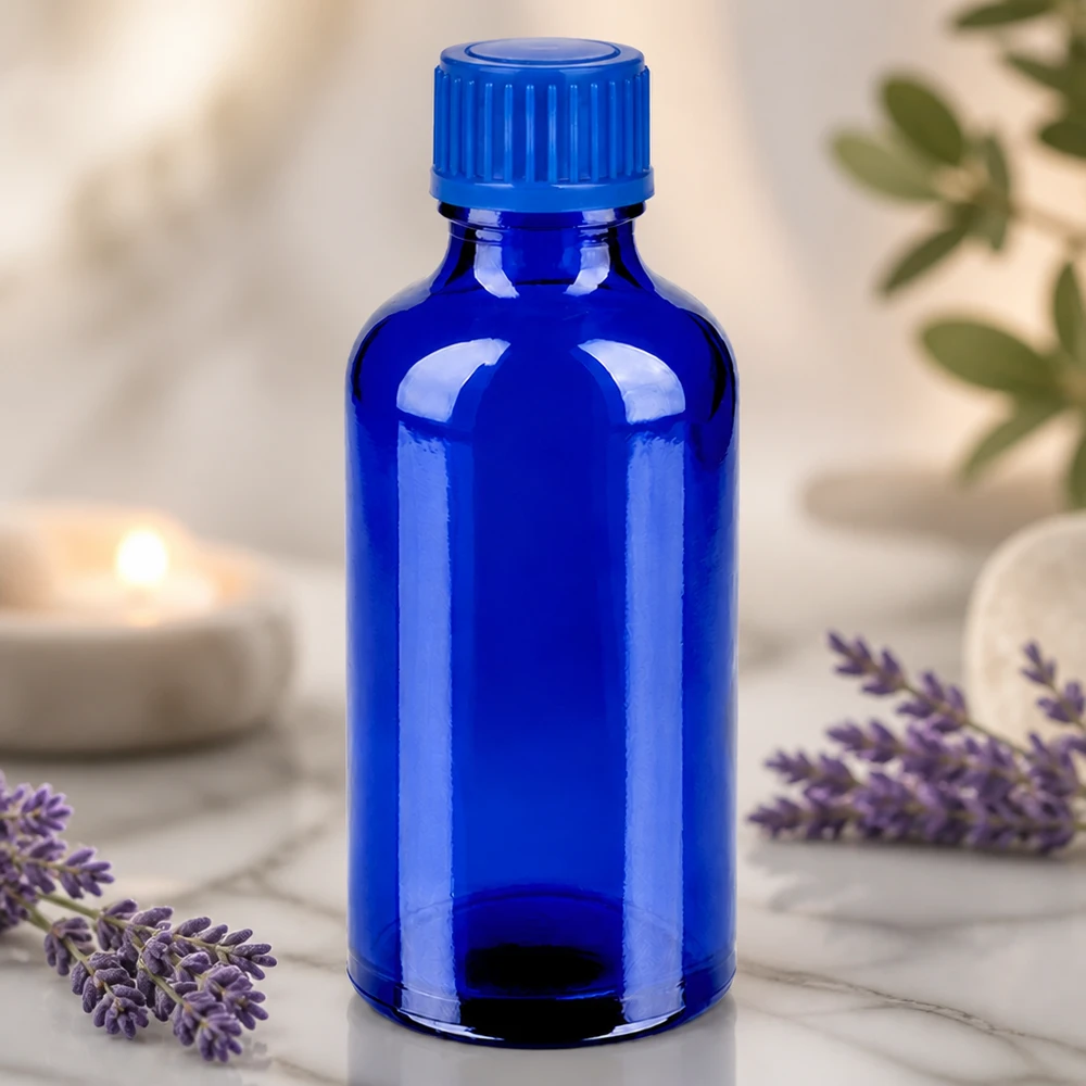 Premium 50 ml glasflaske i dyb koboltblå til professionel aromaterapi