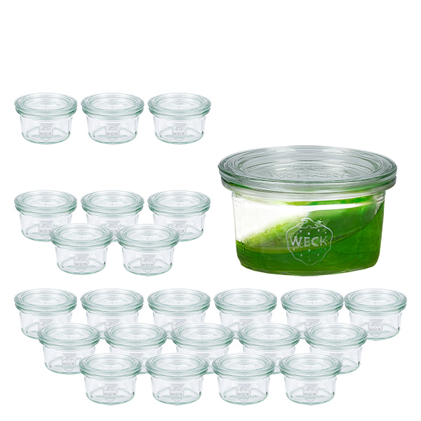 Sæt med 24 Weck-krukker 50 ml bægre med 24 glaslåg Sæt med 24 Weck-krukker 50 ml bægre med 24 glaslåg