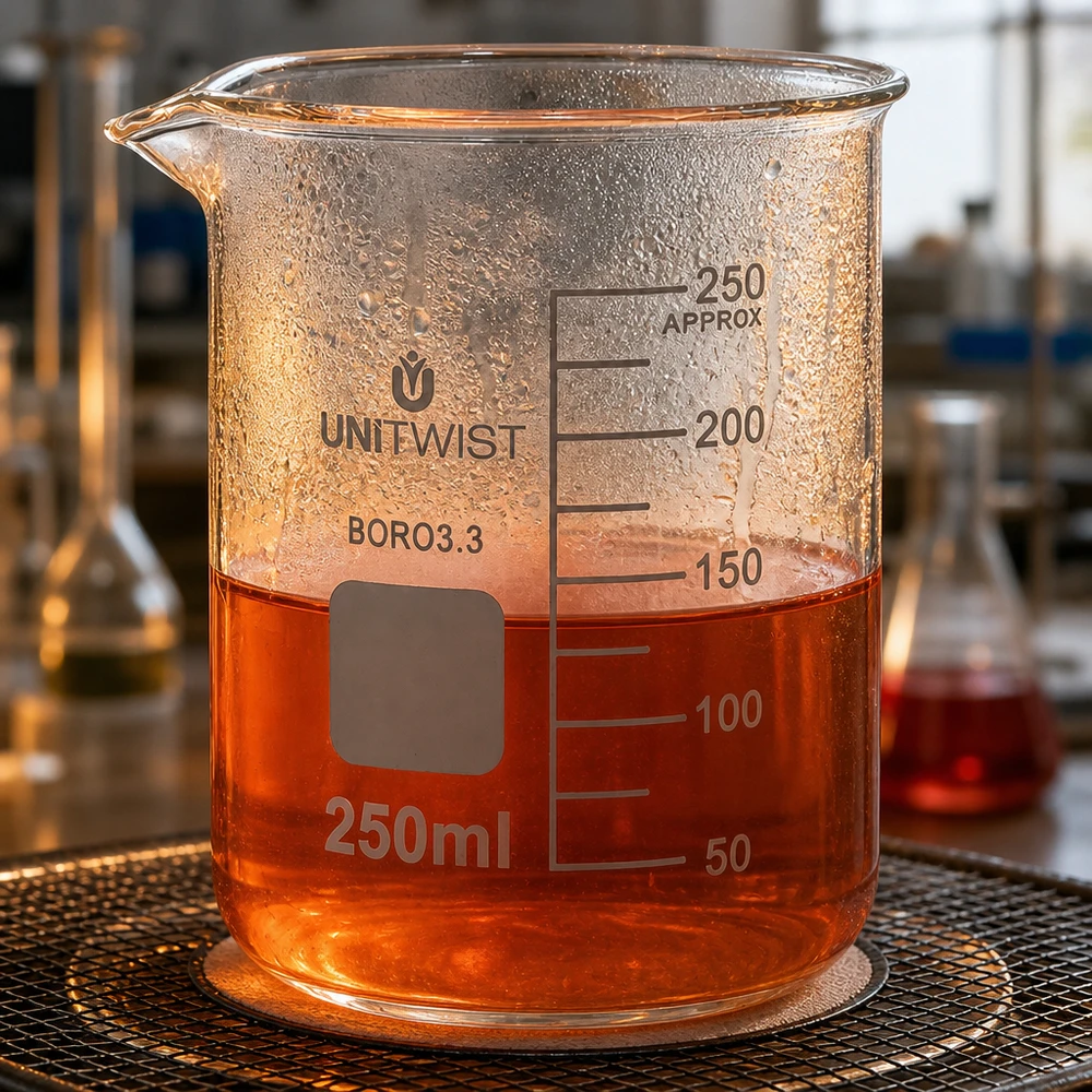 Bæger 250 ml borosilikat, lav form UNiTWIST UNiTWIST bægerglas 250 ml, borosilikatglas, lav model, med orange væske på et laboratoriegitter