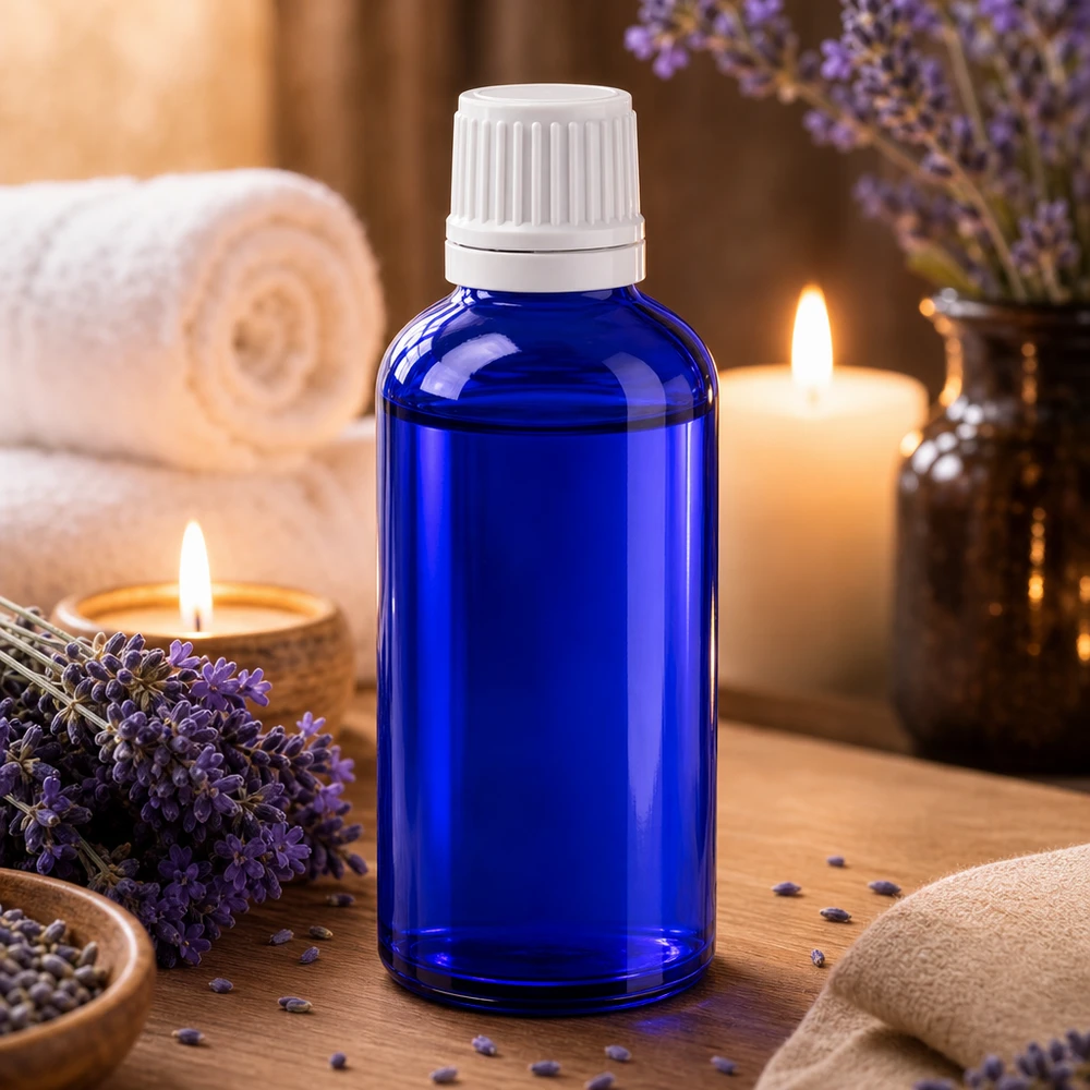 Blå 50 ml dråbeflaske af apotekerglas med hvid originalprop til æteriske olier