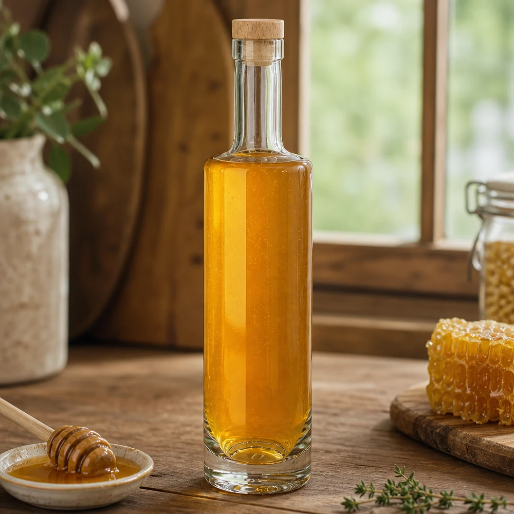 500 ml glasflaske »Lina« med træhåndtag UNiTWIST® 500ml Glasflasche Lina mit Holzkorken gefüllt mit Honig neben Bienenwabe rustikale Landküche natürliche Zutaten