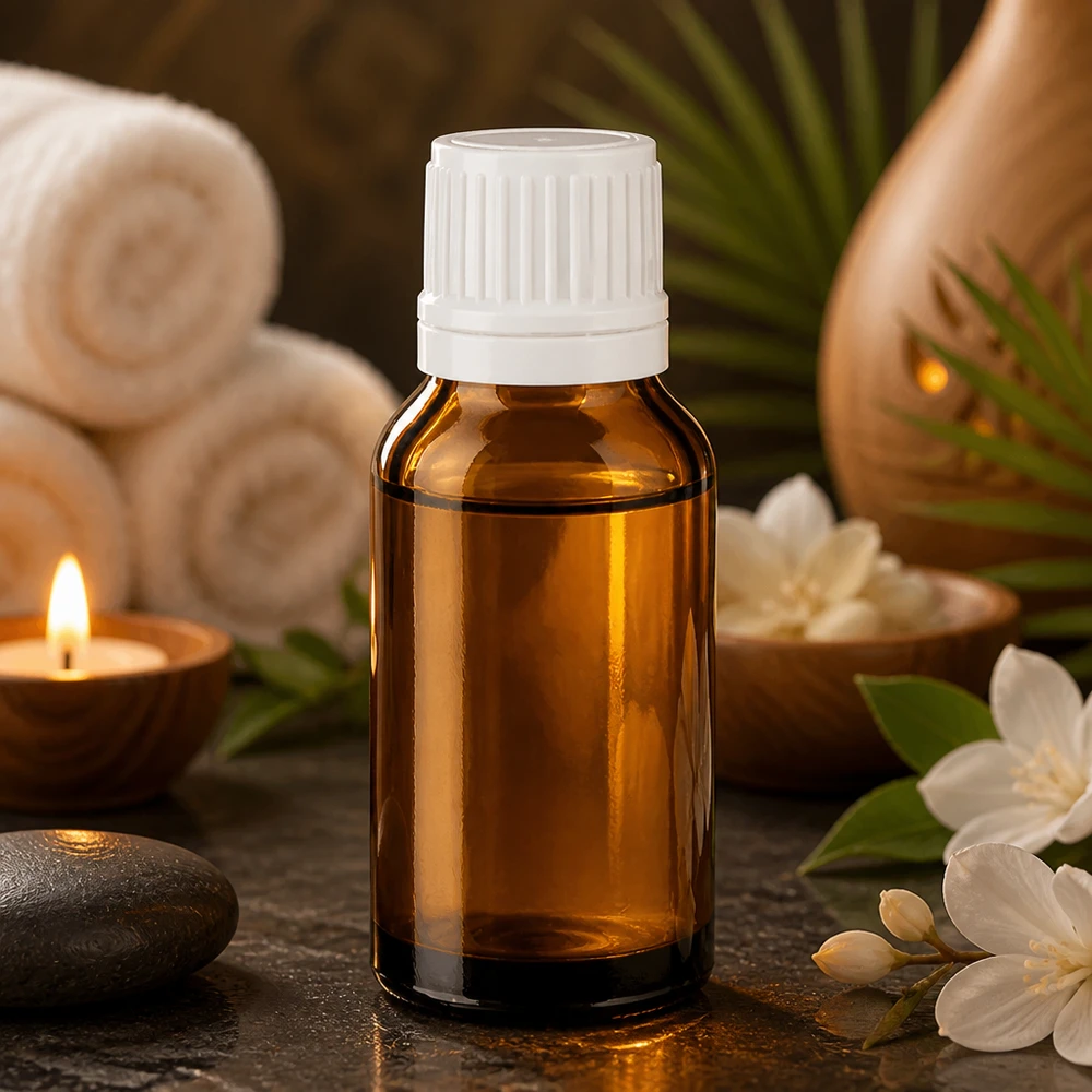 Brun dråbeflaske på 15 ml med hvid prop mellem hvide blomster og massagesten i spaen