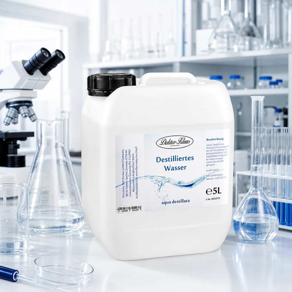 5 liter destilleret vand Doktor Klaus Doktor-Klaus destilleret vand 5 liter dunk i sterilt laboratoriemiljø med mikroskop og glaskolbe
