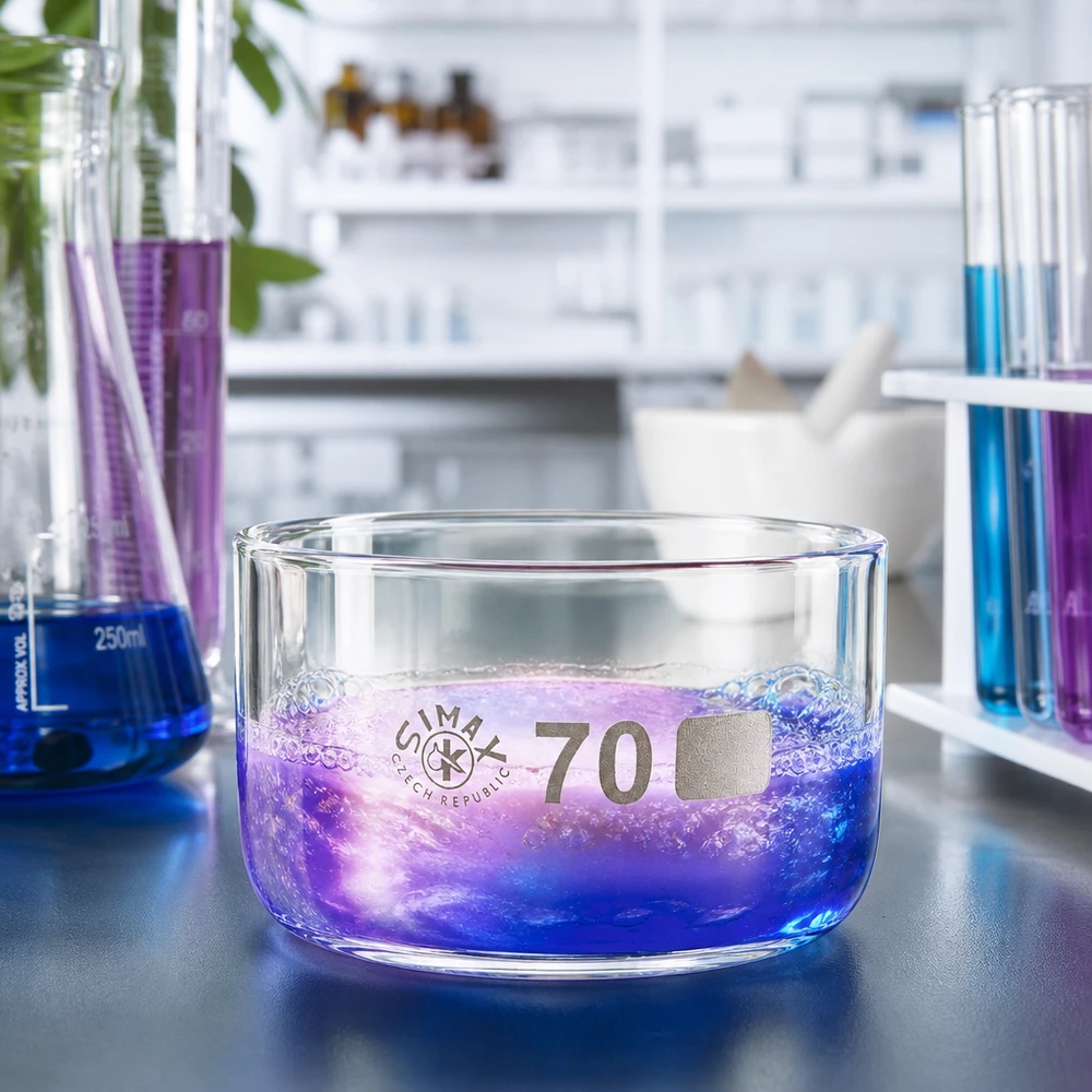 Krystalliseringsskål 100 ml uden tud Borosilikat Simax-krystalliseringsskål 100 ml med blå-lilla reaktionsvæske og sprudlende bobler – laboratorieeksperiment