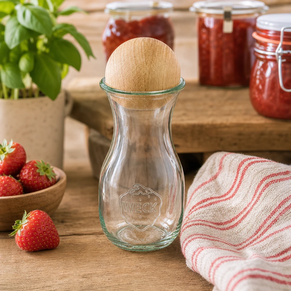 290 ml juiceflaske WECK RR60 med trækugle bøg WECK glasflaske 290 ml RR60 med kugleprop af bøg i et rustikt køkken ved siden af jordbær og syltetøjsglas