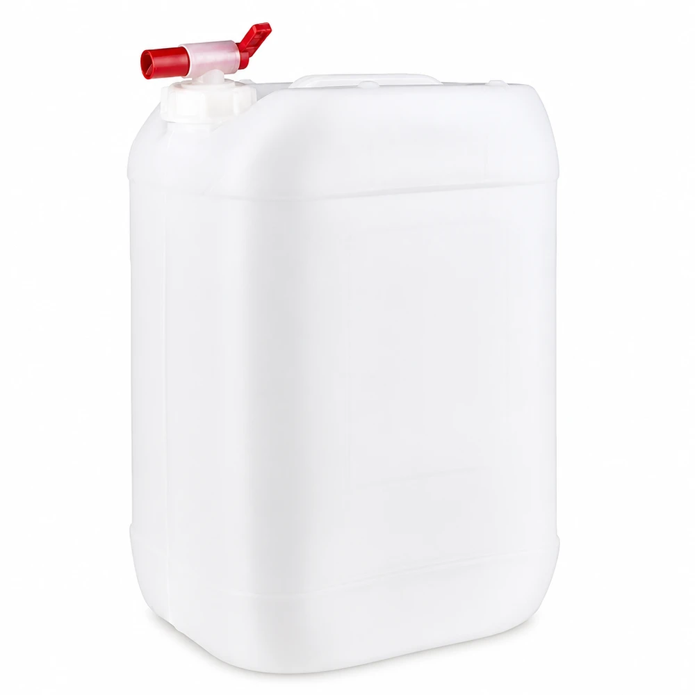 Hvid plastdunk på 25 liter med rødt udløbshan af HDPE-plast