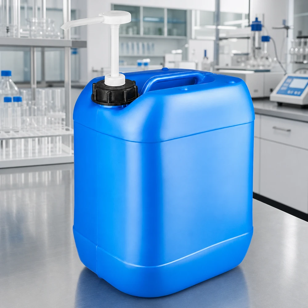 20 liters blå dunk med doseringspumpe 20-liters blå dunk med doseringspumpe i laboratoriemiljøet på et bord af rustfrit stål