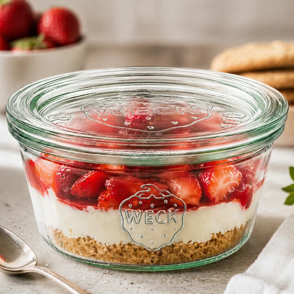 290 ml lavt glas med glaslåg WECK RR100 WECK-bægre 290 ml RR100 fyldt med jordbærlagdelt dessert viser alsidig brug som dessertglas med glaslåg