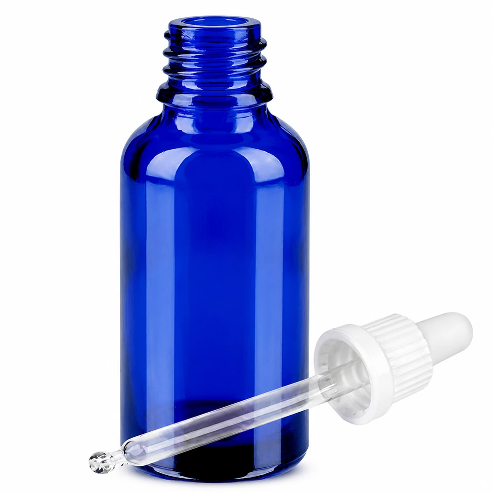 30 ml glasflaske med pipette til æteriske olier BlueLine UT18 DIN18-gevind koboltblå