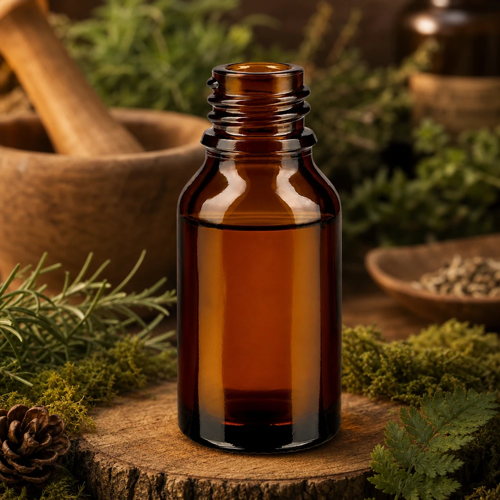 Dropperflaske 30 ml DIN 18 ravfarvet glas HIGH SHAPE 30 ml brun ApoGlas apoteksflaske høj form med mos fyrrekogler naturkosmetik skovstemning træskål