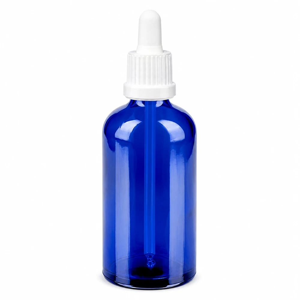 100 ml pipetteflaske blå af glas med hvid pipette til præcis dosering