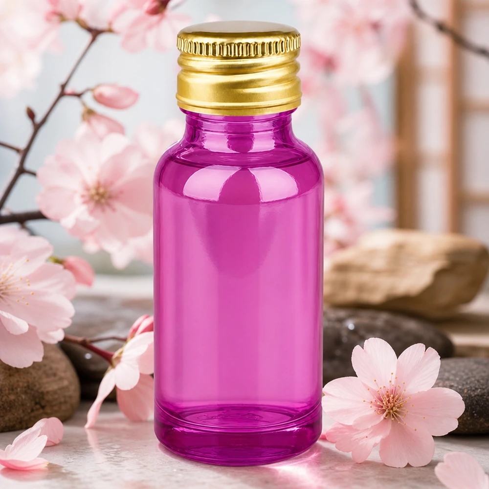 20 ml flaske 11 mm skruelåg aluminium guld standard PurpleLine. UT18/20 20 ml violet glasflaske til aromaterapi og æteriske olier med guldhætte