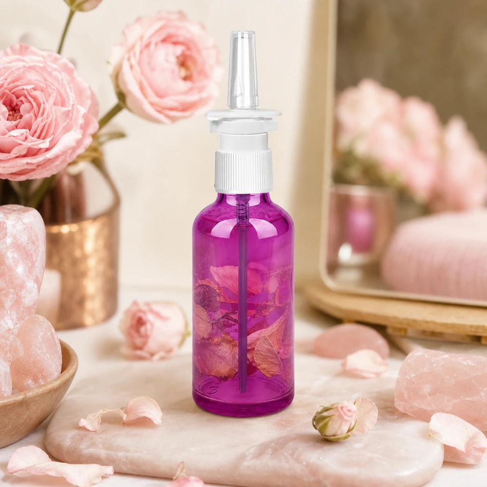 50 ml næsesprayflaske hvid/transparent standard PurpleLine. UT18/50 50 ml næsesprayflaske af høj kvalitet med hvidt sprayhoved i stilfuld lilla til aromaterapi