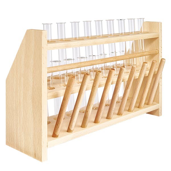 Reagensglasstativ i træ med 18 reagensglas, borosilikat 100x12