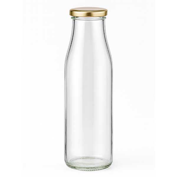 500 ml glasflaske + BasicSeal-låg guld UNiTWIST. Absolut lækagesikker med stort TO48-låg. Til mælk, juice og limonade.