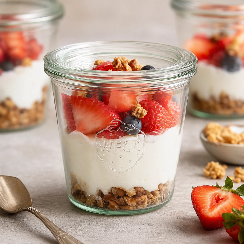 290 ml høje Briller med glaslåg WECK RR80 WECK-glas 290 ml RR80 med lagdelt dessert af yoghurt, jordbær, blåbær og valnødder som morgenmadsidé