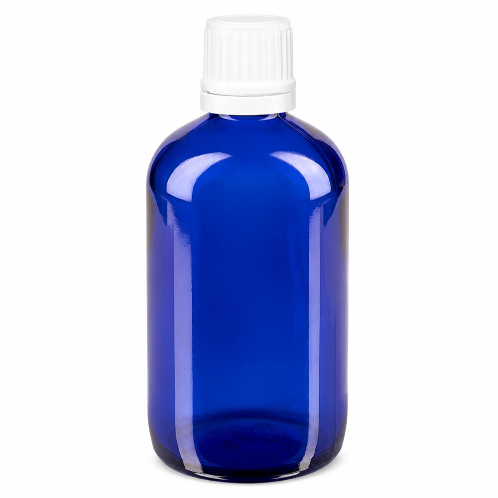Apoteksflaske blå 100 ml skruelåg hvid OV 100 ml blå apotekerflaske af glas med hvid skruelåg og sikkerhedslåg på 11 mm