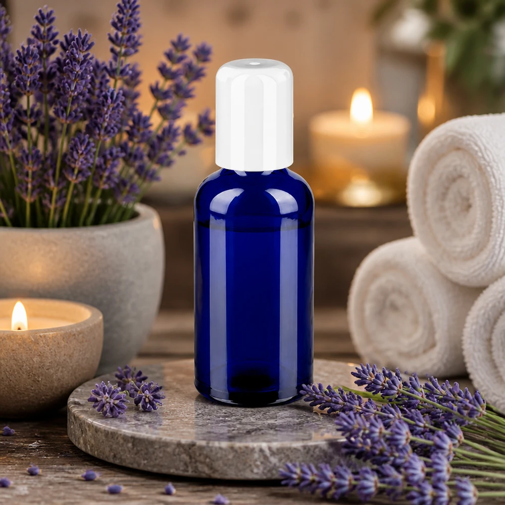 Blå glasflaske 50 ml med roll-on-hætte til aromaterapi og naturlige plejeprodukter