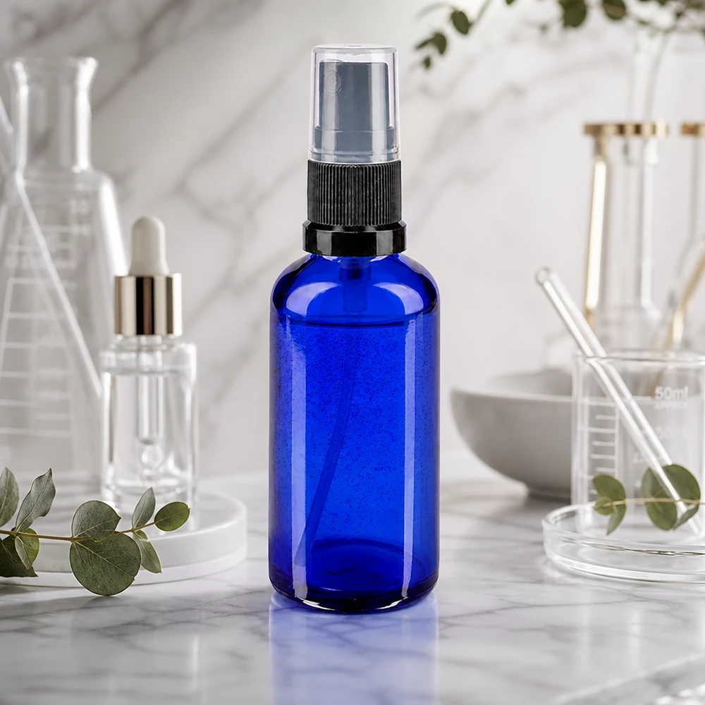 Apotekerflaske blå 50 ml spraytilbehør sort Blå glasflaske på 50 ml med finforstøver og gennemsigtigt låg i laboratoriemiljø