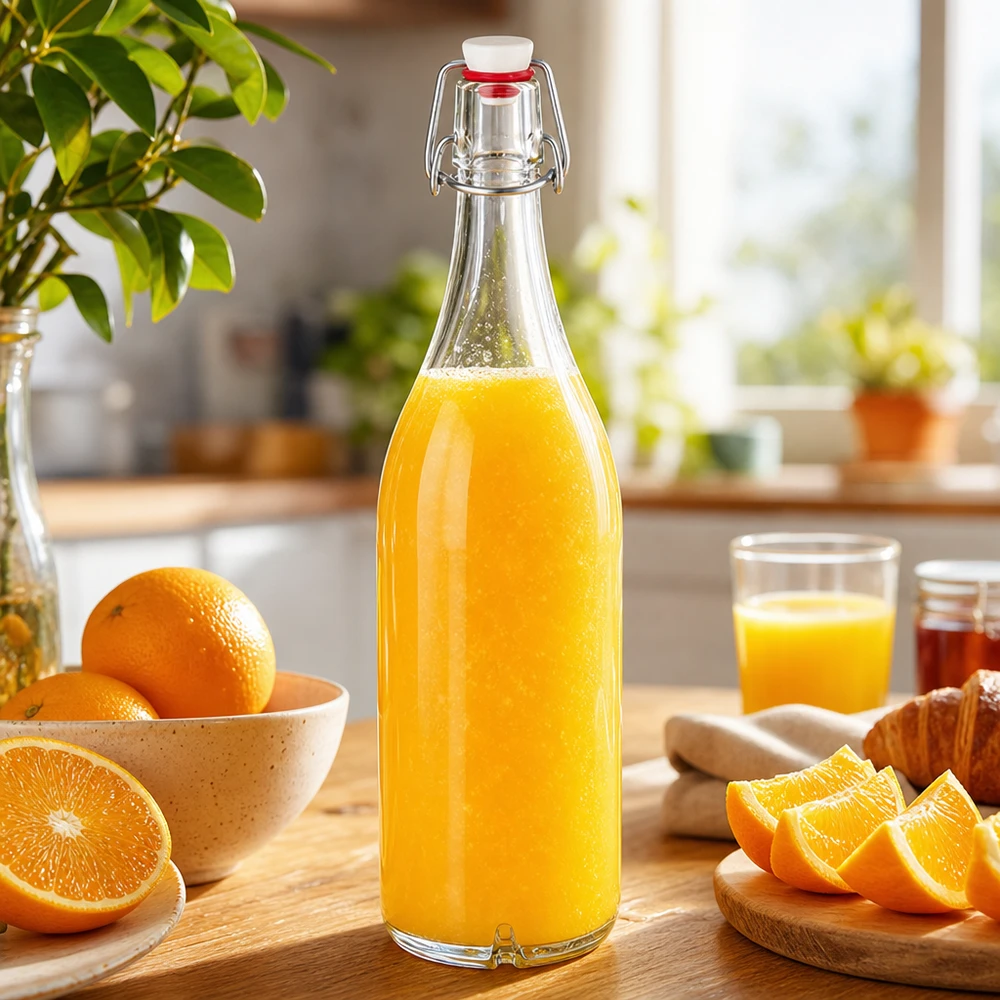 1000 ml glasflaske og hængelåg porcelæn UNiTWIST 1000 ml glasflaske med svingtop fyldt med frisk appelsinjuice ved siden af appelsiner på køkkenbordet