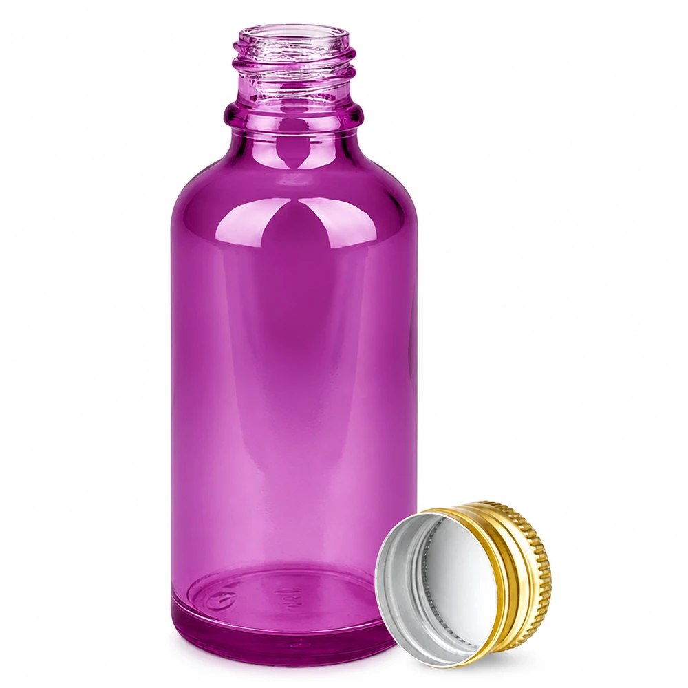 50 ml flaske 11 mm skruelåg aluminium guld standard PurpleLine. UT18/50 Violet glasflaske 50 ml med skruelåg 11 mm SV til aromaterapi og naturkosmetik