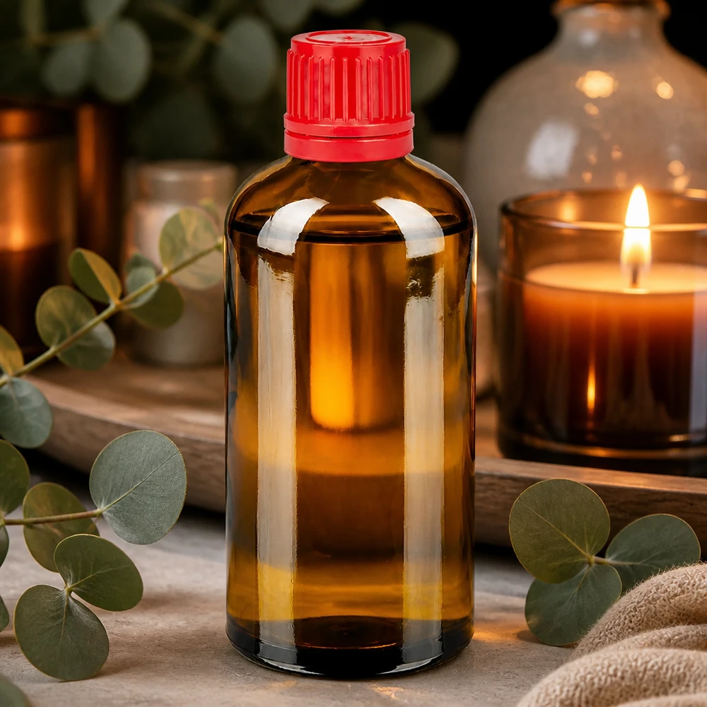 100 ml flaske 11 mm SV rød OV BrownLine UT18/100 100 ml ravfarvet glasflaske af høj kvalitet med rødt låg, der sikrer mod manipulation, til farmaceutiske anvendelser