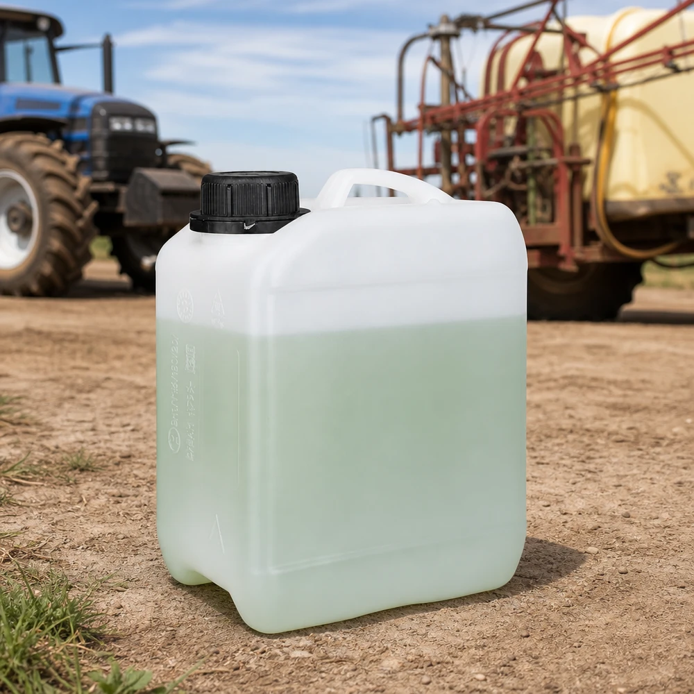 Beholder 2,5 liter med skruelåg OV Agrarkanister på 2,5 liter, hvid med grønlig væske og sort skruelåg, i markbrug